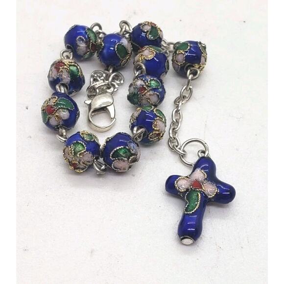 Cloisonne Flower Bead Bracelet With Rosary Cross Charm On Silver Chain - Picture 7 of 10